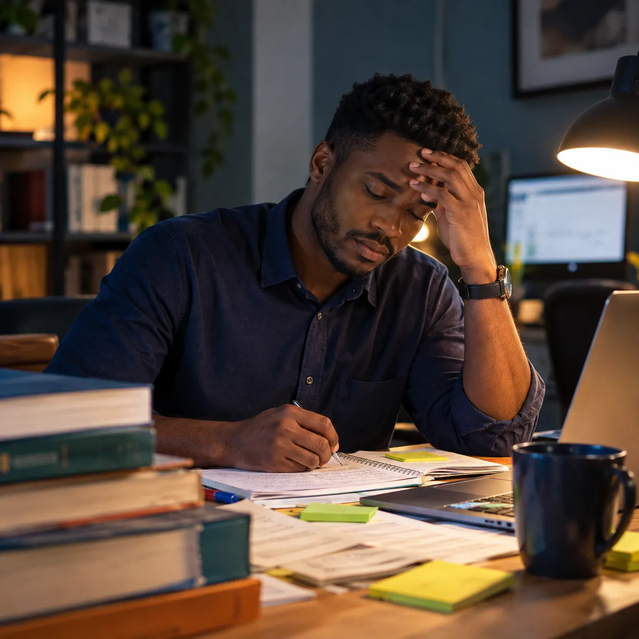 Un homme révise tard le soir, entouré de livres et de notes